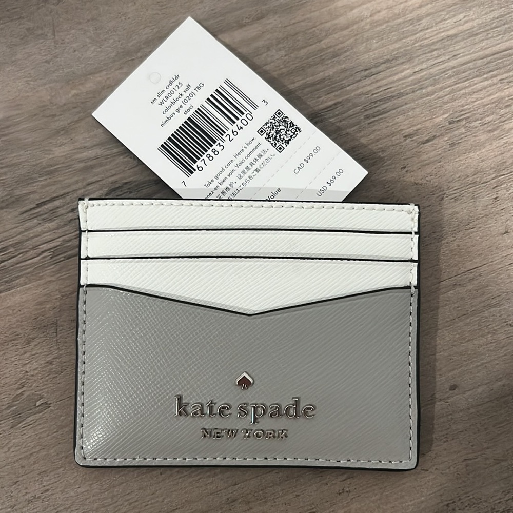 🆕 Kate Spade Small Slim Cardholder (Staci) - Colorblock Gray & White Saffiano